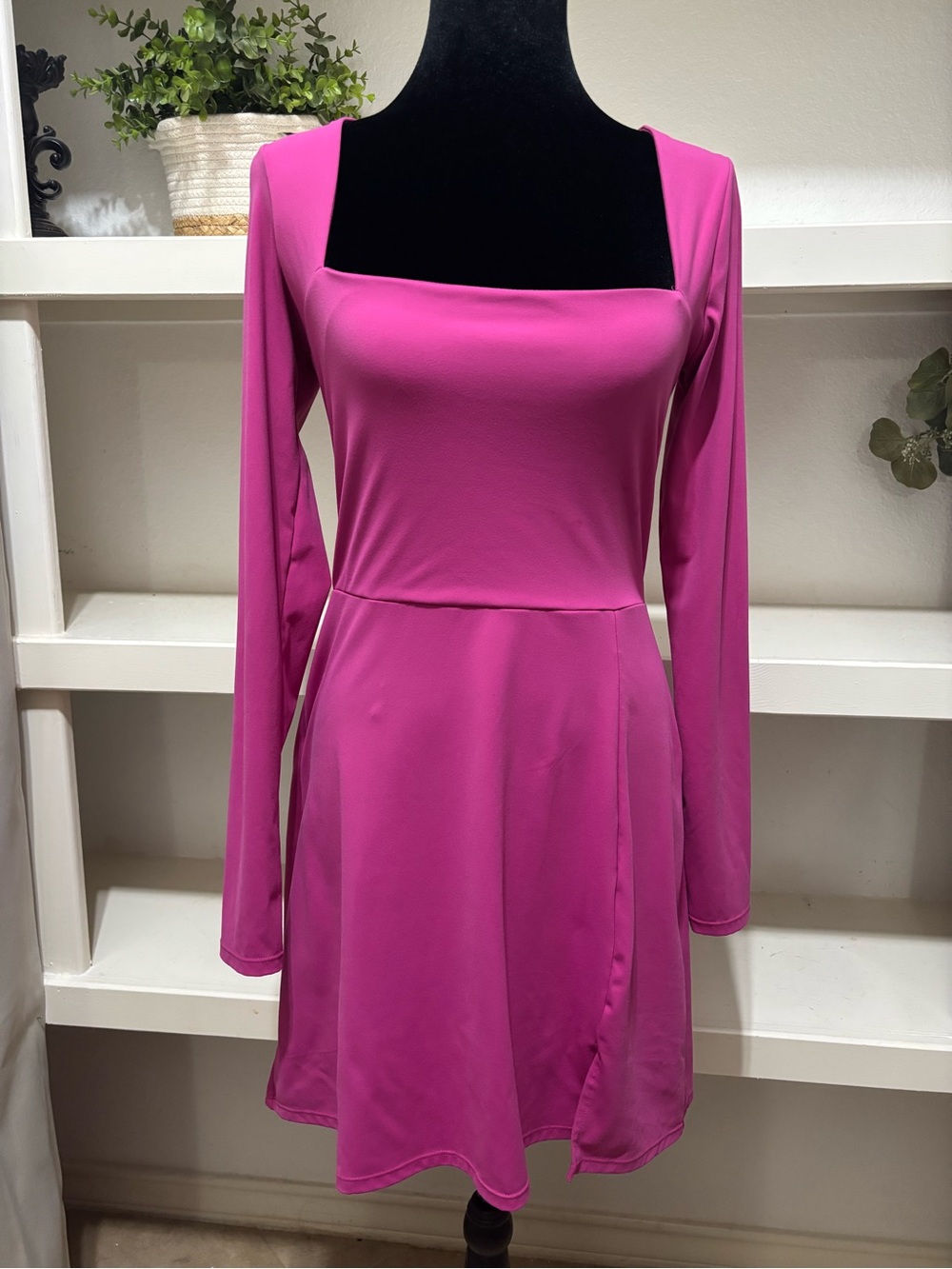 Long Sleeve Square Neck A-Line Dress in Bright Pink